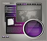 web site design template for company with purple background, white frame, arrows and world map