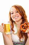happy bavarian dressed girl with beer and pretzel on white background