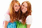 two happy bavarian redhead women on white background