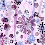 Pink seamless floral pattern with blue-purple flowers and circles (vector EPS 10)