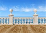 empty terrace overlooking the sea with concrete balustrade and wooden floor - rendering- the image on background is a my rendering composition