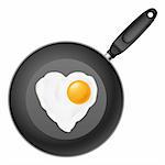 Frying pan with heart-shaped fried egg. Illustration on white background