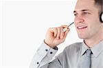 Assistant using a headset against a white background