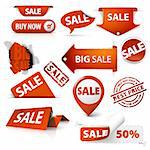 Collection of red sale tickets, labels, stamps, stickers, corners, tags on white background