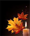 Realistic orange autumn maple leafs and candle on black background.