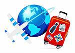 Airplane Travel with Suitcase and globe on white background. Vector illustration