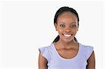 Close up of happy smiling young woman on white background