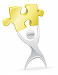 Metal character mascot holding up a jigsaw puzzle piece. Solution or opportunity concept.