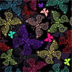 Seamless black pattern with vivid colorful butterflies (vector)