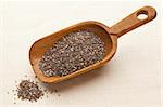 chia seeds on a rustic wooden scoop against canvas background