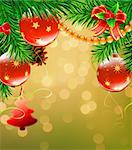 Vector illustration of Christmas decorative background with evergreen branches, pine cones and  Christmas decoration