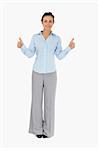 Businesswoman giving thumbs up against a white background