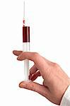 Medical Syringe With Blood in Mans Hand Isolated on White - With Clipping Path