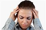 Close up of depressed businesswoman against a white background