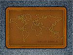 World map on a leather label. Realistic vector denim background.