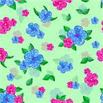 floral seamless pattern with forget-me-not and  leaves on green background