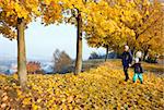 Happy family (mother with small son) walking in golden maple autumn park