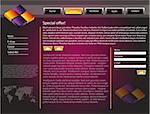 web site design template for company with purple background, white frame, arrows and world map