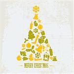 Vintage Vector Grunge Christmas tree made from various shapes (yellow and green)
