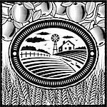 Retro farm in woodcut style. Black and white vector illustration with clipping mask.