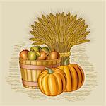Retro harvest still life in woodcut style. Vector illustration with clipping mask.