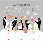 Bright Christmas card with gay penguins on a gray background with snowflakes