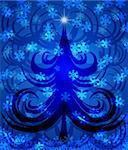 Abstract Swirls Christmas Tree on Blue Background with Snowflakes Illustration