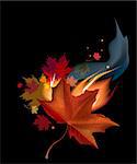 Realistic brown autumn maple leaf in fire on black background.