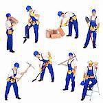 Builders or workers in various working positions collage - isolated