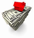 High resolution 3D illustration of red house sitting on stack of one thousand 100 dollar bills.