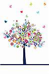 Abstract colored tree with hearts, circles and butterflies