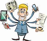 cartoon illustration of busy businessman with tablet, newspaper, smartphone, pen, coffee and agreement