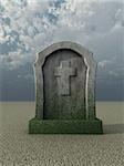 gravestone with christian cross under cloudy blue sky - 3d illustration