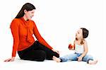 Cute little girl with ponytails and her mother. Isolated on white