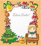 Little boy, wearing Santa hat, writing a letter to Santa . Lots of Christmas ornaments and decorations. Christmas kids series 4