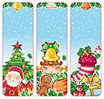 Christmas holiday vertical banners: Santa Claus, Children, Decorations, Presents, Christmas tree, gingerbread man, holly, snowflakes. place for your own text. Christmas stoking.