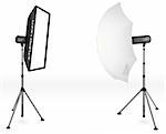 Photographic LIghting - Two Professional Studio Lights with Soft Box and Umbrella on Tripods on White Background