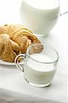 Breakfast table with milk and buns.