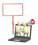 3d puppets with megaphone and signage. Isolated over white