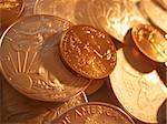 Close-up macro (depth-of-field) shot of $25 Gold and $1 Silver U.S. Bullion Coins. Shot on Canon.