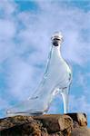 a glass slipper on a stone surface with a cloudy blue sky background