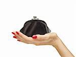 black purse in woman hand isolated on white background