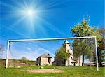 Church of Annunciation of Blessed Virgin Mary (Sydoriv village, Ternopil region, Ukraine, Built in 1726-1730) and football goal.