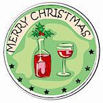 merry christmas retro sticker with a bottle of wine, berry and glass isolated on white