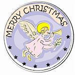 merry christmas retro sticker with angel playing trumpet isolated on white