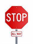Stop road sign with All-Way board on post