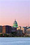 Image of Madison downtown skyline at twilight with state capitol building.