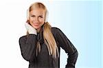 young pretty woman wearing white earmuffs and gray wool sweater be ready to go out in a cold winter day against white background