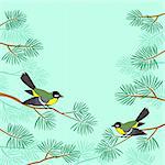 Background, pair birds titmouse sitting on pine branches against green sky. Vector