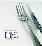 Restaurant menu series. Wedding or dinner table place setting. Fork and knife and glass in elegant setting with copyspace